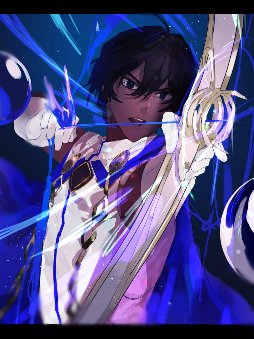 1boy, agni_gandiva, arjuna_(fate/grand_order), b3nnoo, bow_(weapon), brown_eyes, brown_hair, cape, dark_skin, dark_skinned_male, fate/grand_order, fate_(series), gloves, hair_between_eyes, highres, holding, holding_bow_(weapon), holding_weapon, indian_clothes, long_sleeves, male_focus, short_hair, solo, upper_body, weapon, white_cape, white_gloves