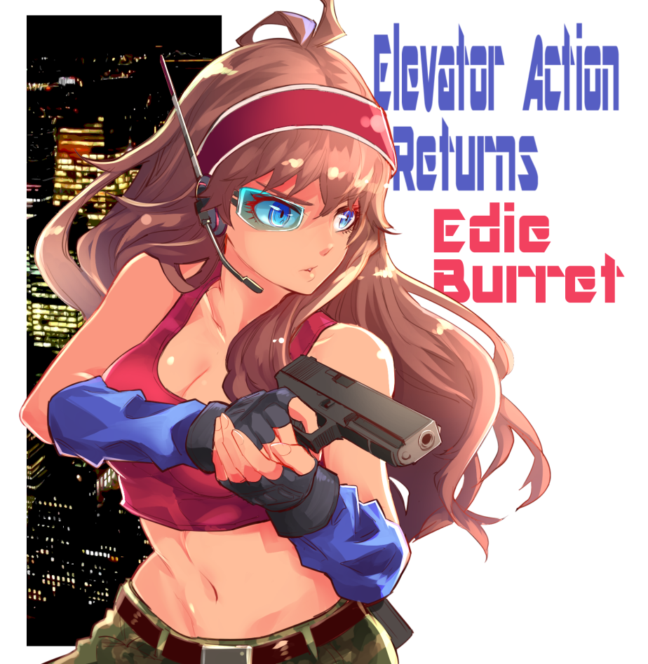 1girl, black_gloves, blue_eyes, brown_hair, building, character_name, copyright_name, cowboy_shot, edie_burret, elevator_action, eyepiece, fingerless_gloves, gloves, gun, h-y-d, hairband, headpiece, holding, holding_gun, holding_weapon, long_hair, looking_away, navel, red_hairband, red_tank_top, serious, shiny, shiny_hair, shiny_skin, solo, tank_top, weapon
