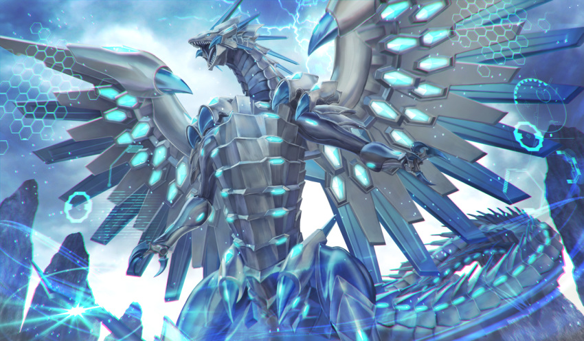 blue-eyes_chaos_max_dragon, claws, commentary, dragon, duel_monster, monster, no_humans, open_mouth, rock, suranaki, tail, teeth, wings, yuu-gi-ou