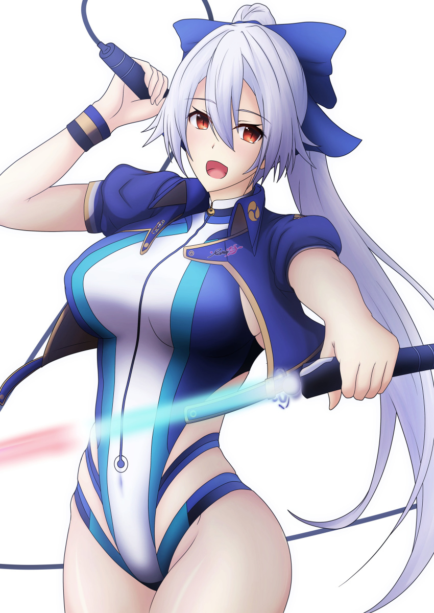 1girl, absurdres, aoi_tabane, blue_bow, blue_jacket, blue_swimsuit, bow, breasts, commentary_request, competition_swimsuit, cropped_jacket, dual_wielding, energy_sword, fate/grand_order, fate_(series), hair_bow, highleg, highleg_swimsuit, highres, holding, holding_sword, holding_weapon, jacket, large_breasts, long_hair, mitsudomoe_(shape), multicolored, multicolored_clothes, multicolored_swimsuit, one-piece_swimsuit, ponytail, red_eyes, short_sleeves, silver_hair, slit_pupils, solo, swimsuit, sword, tomoe_(symbol), tomoe_gozen_(fate/grand_order), tomoe_gozen_(swimsuit_saber)_(fate), very_long_hair, weapon, white_background, white_swimsuit