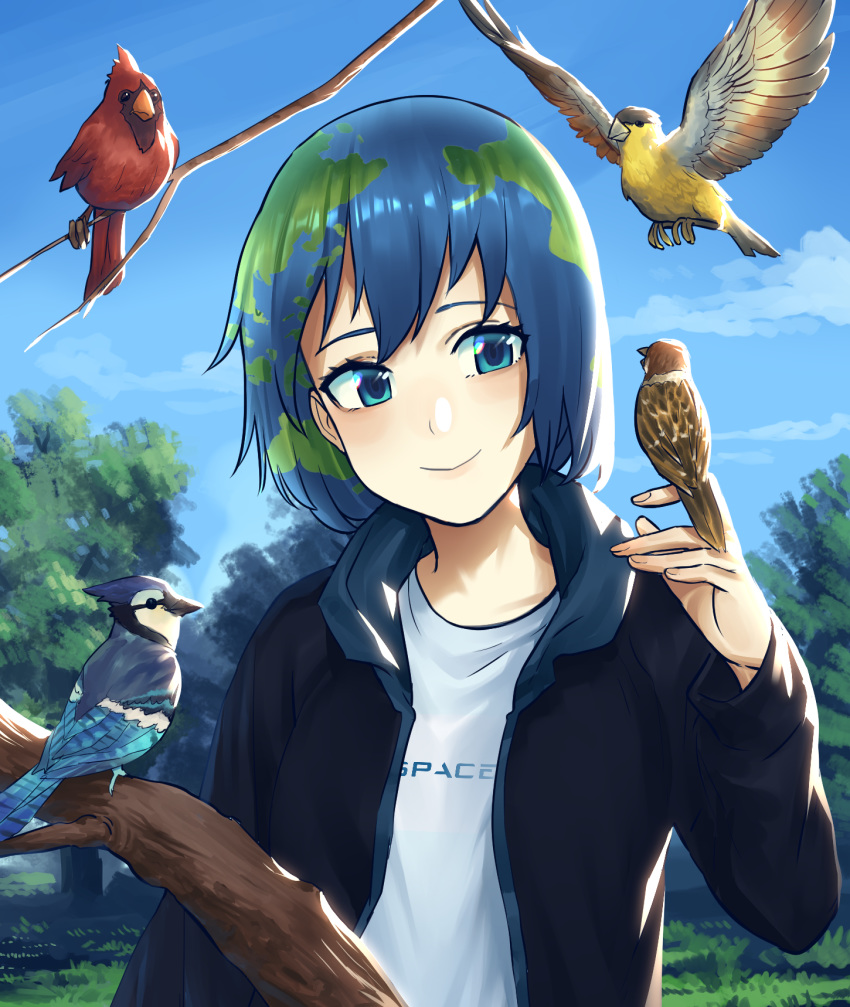 1girl, alternate_costume, bangs, bird, bird_on_hand, bird_request, blue_eyes, blue_hair, blue_jacket, clothes_writing, clouds, earth-chan, green_hair, hand_up, highres, jacket, multicolored_hair, open_clothes, open_jacket, original, outdoors, shinidei, shirt, short_hair, sky, smile, solo, tree, tree_branch, upper_body, white_shirt