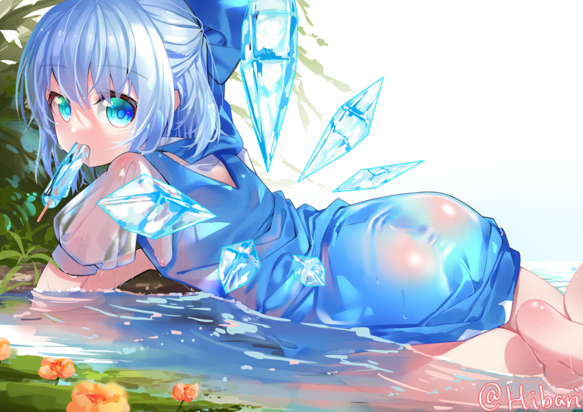 1girl, ass, barefoot, blue_dress, blue_eyes, blue_hair, cirno, commentary