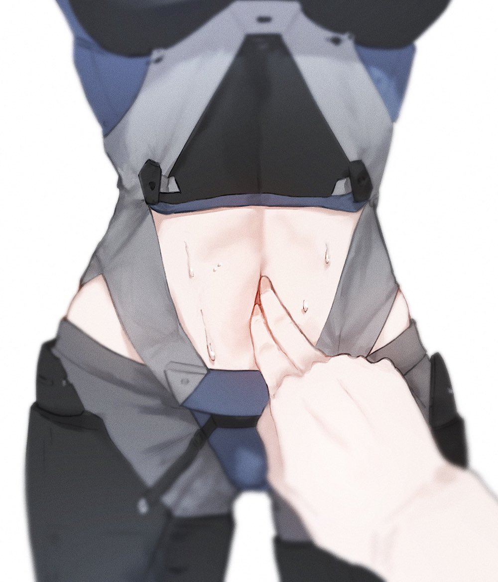 1girl, ak-15_(girls_frontline), ankodesoy, breasts, close-up, commentary, english_commentary, girls_frontline, medium_breasts, midriff, navel, navel_cutout, poking, pov, pov_hands, simple_background, sweat, white_background