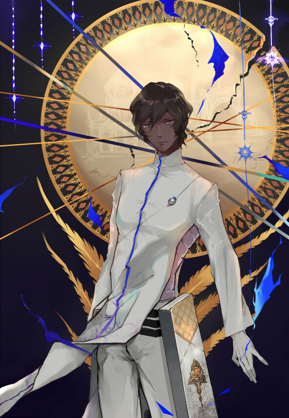 1boy, agni_gandiva, arjuna_(fate/grand_order), bow_(weapon), brown_eyes, brown_hair, candy_sheep, dark_skin, dark_skinned_male, fate/grand_order, fate_(series), gloves, hair_between_eyes, holding, holding_bow_(weapon), holding_weapon, indian_clothes, long_sleeves, looking_at_viewer, male_focus, short_hair, solo, weapon, white_gloves