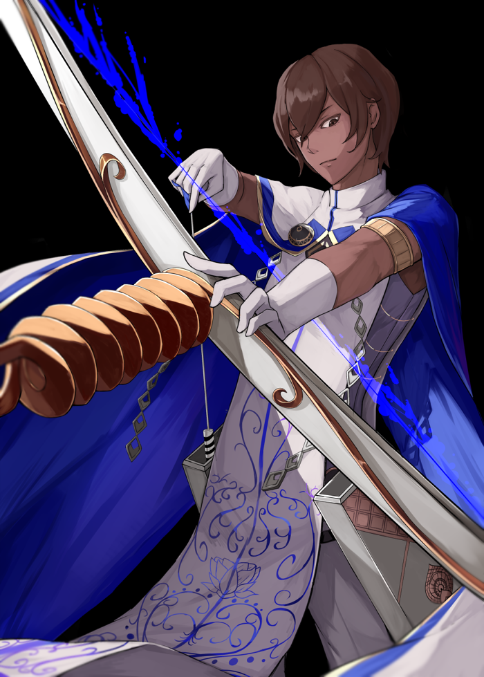 1boy, agni_gandiva, arjuna_(fate/grand_order), black_background, bow_(weapon), brown_eyes, brown_hair, cape, dark_skin, dark_skinned_male, fate/grand_order, fate_(series), gloves, hair_between_eyes, holding, holding_bow_(weapon), holding_weapon, indian_clothes, long_sleeves, male_focus, nagihana, short_hair, simple_background, solo, weapon, white_cape, white_gloves