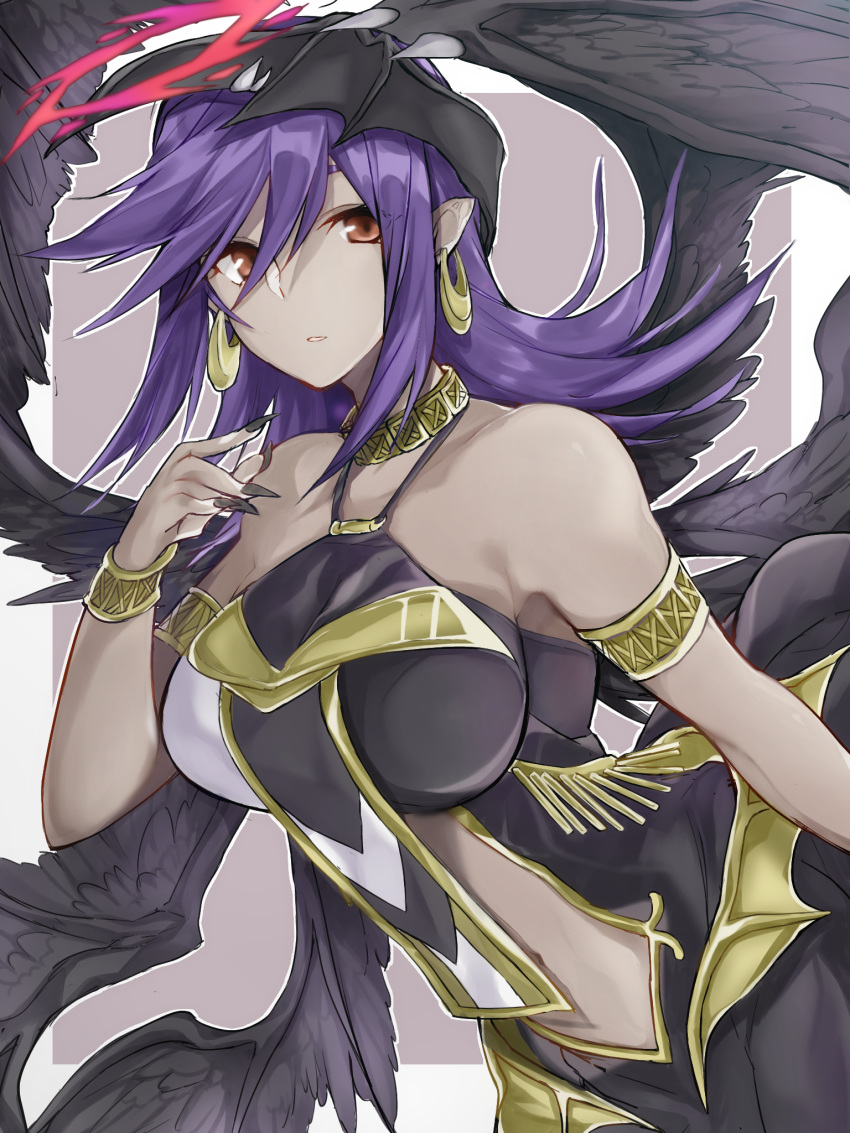 1girl, armlet, bangs, bare_shoulders, black_nails, black_wings, bracelet, breasts