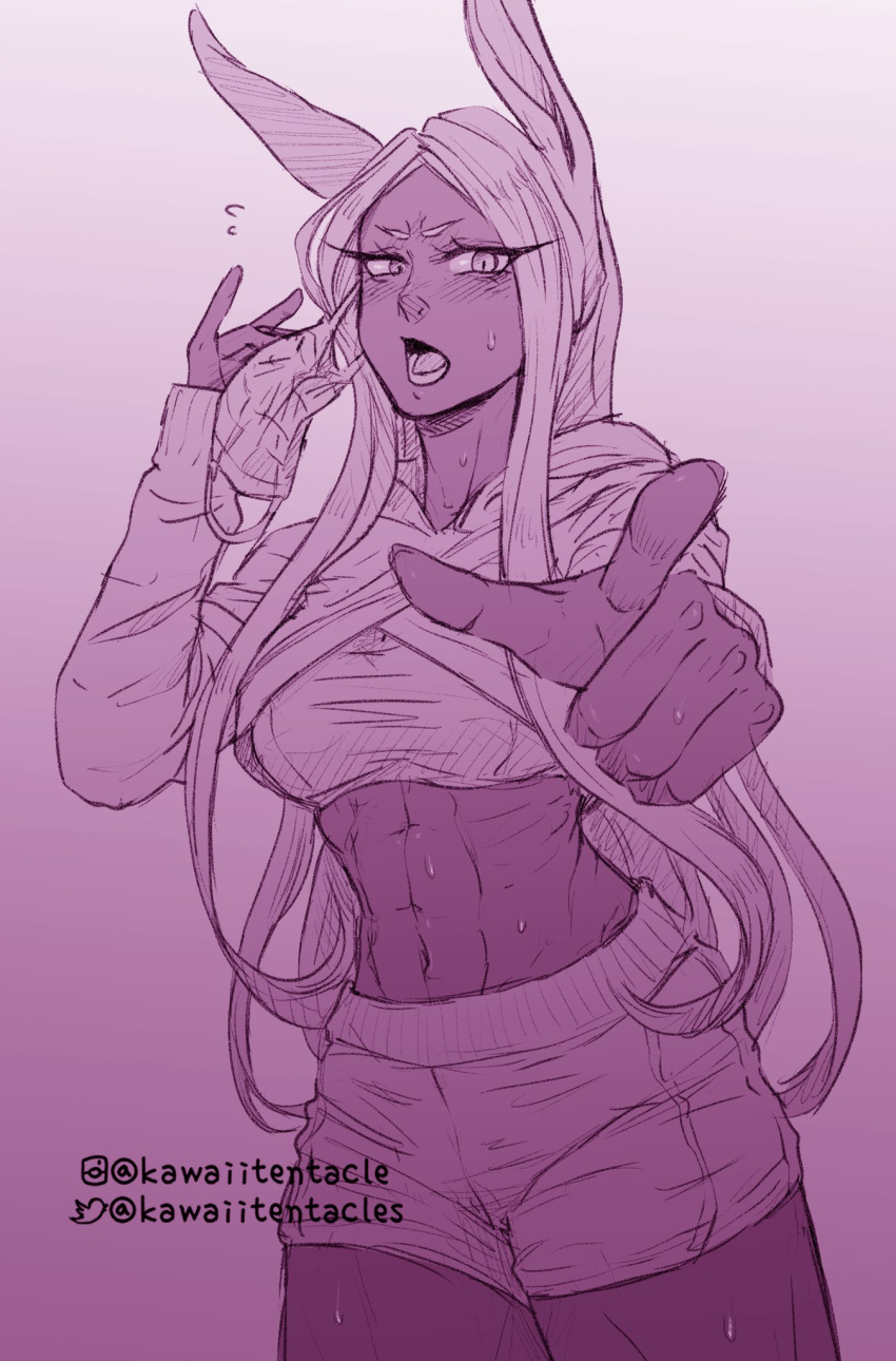 1girl, abs, bangs, boku_no_hero_academia, breasts, commentary, cropped_hoodie, dark_skin