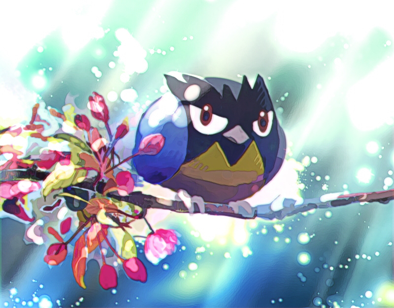 bird, closed_mouth, commentary_request, gen_8_pokemon, leaf, light_beam, looking_at_viewer, no_humans