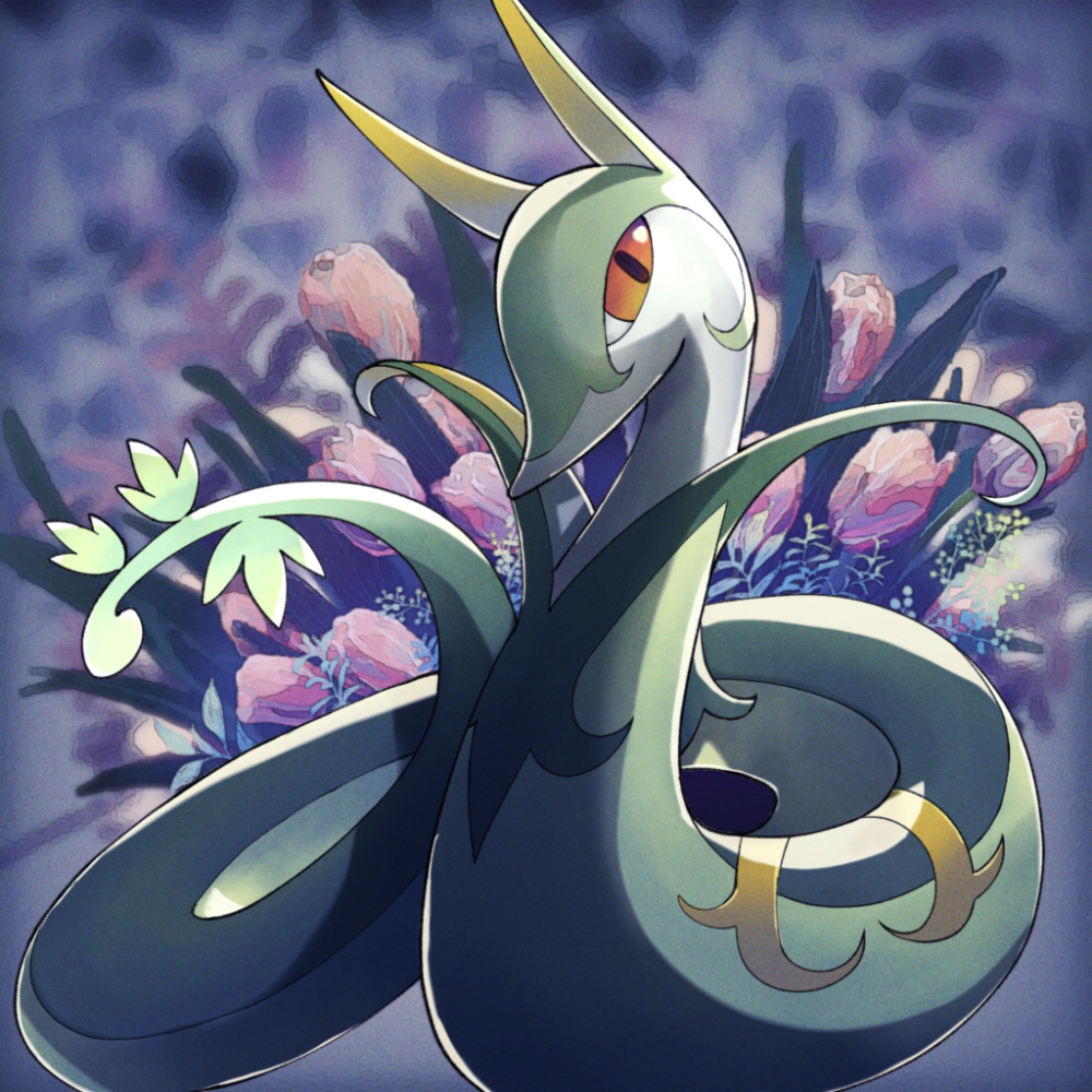 black_eyes, commentary_request, flower, gen_5_pokemon, leaf, looking_at_viewer, no_humans, orange_sclera
