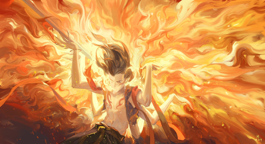 1boy, bracelet, breathing_fire, brown_hair, burning, burnt_clothes, carrying_overhead, chest