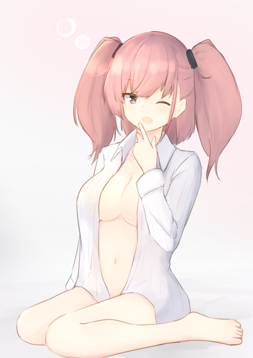 1girl, atlanta_(kantai_collection), breasts, brown_hair, centi_mnkt, commentary_request, dress_shirt, grey_eyes