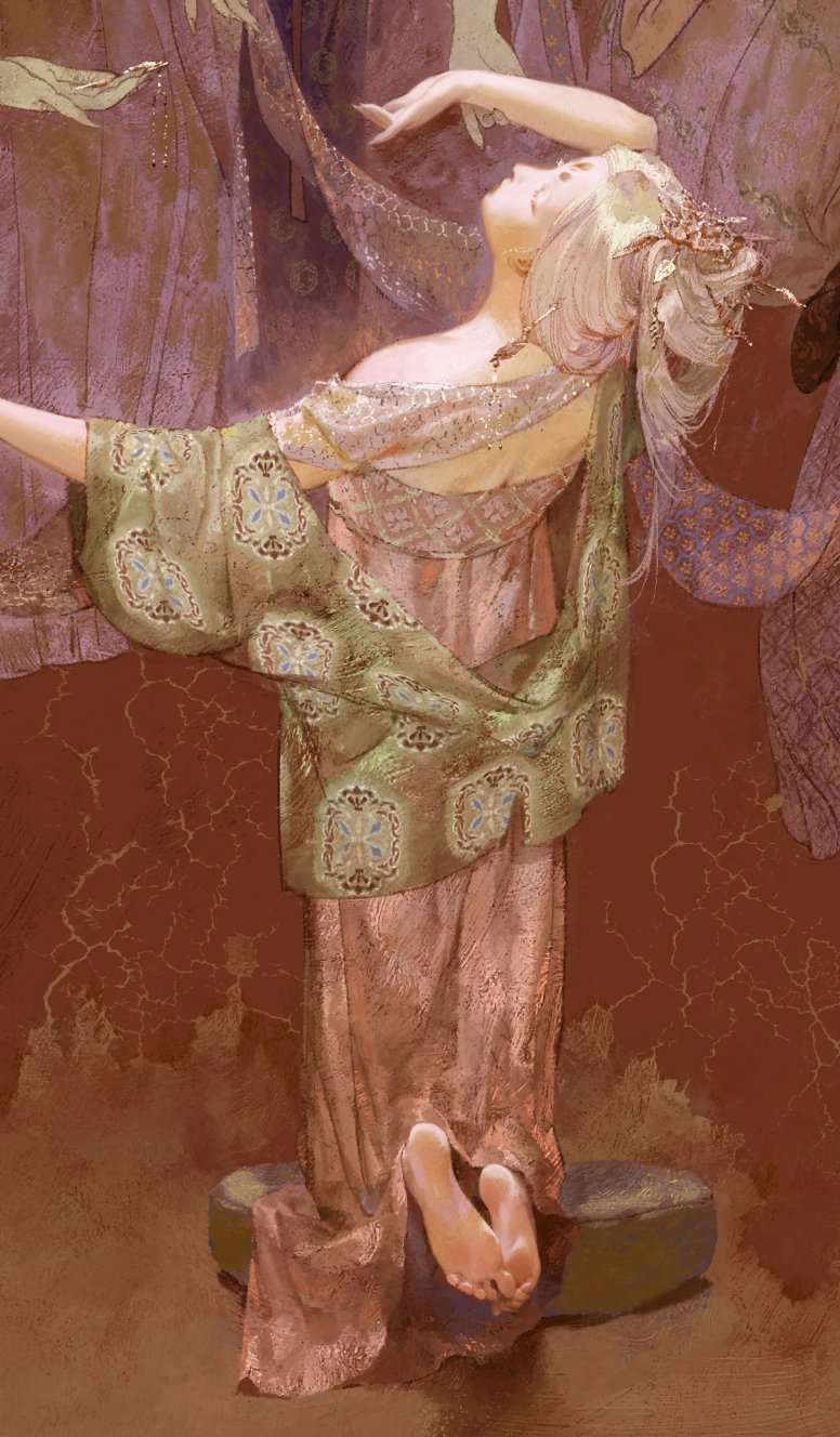 arm_holding, arm_up, bare_shoulders, barefoot, closed_eyes, coat, copyright_request, dress