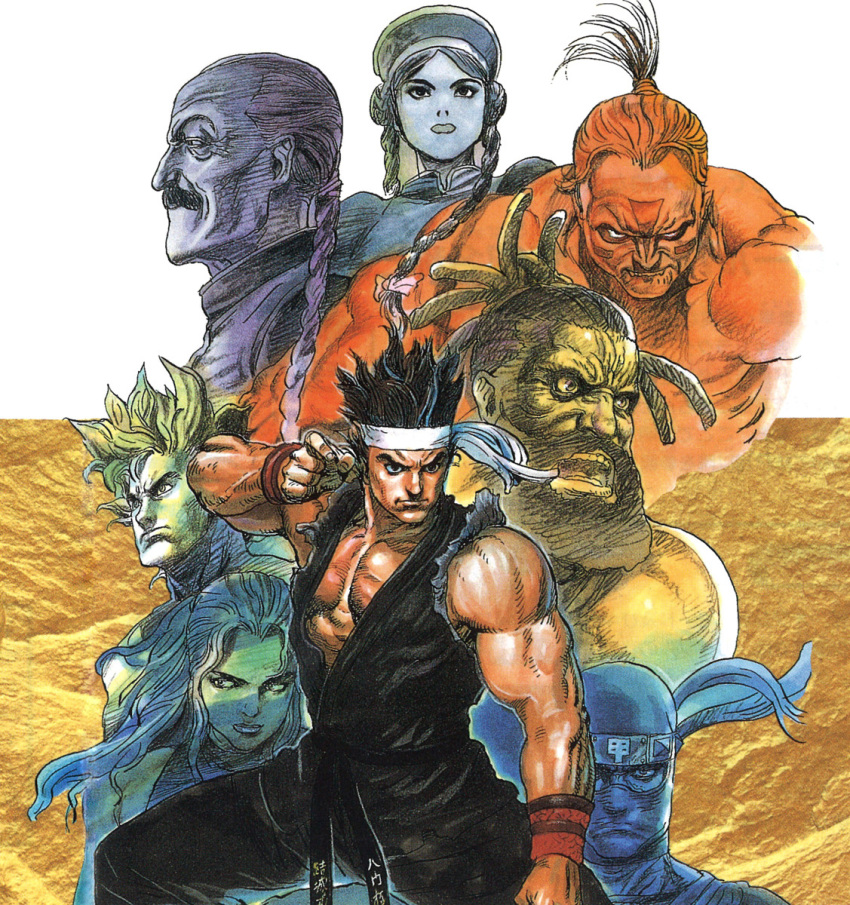 1990s_(style), 2girls, 6+boys, beard, belt, black_belt, braid, dougi