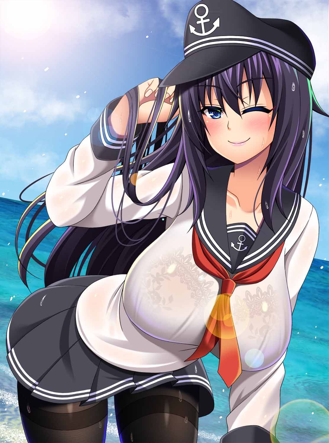 1girl, akatsuki_(kantai_collection), anchor, anchor_symbol, badge, black_bra, black_legwear, black_sailor_collar