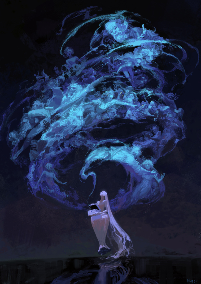 1girl, absurdly_long_hair, absurdres, arm_up, beard, blue_theme, dark, dress