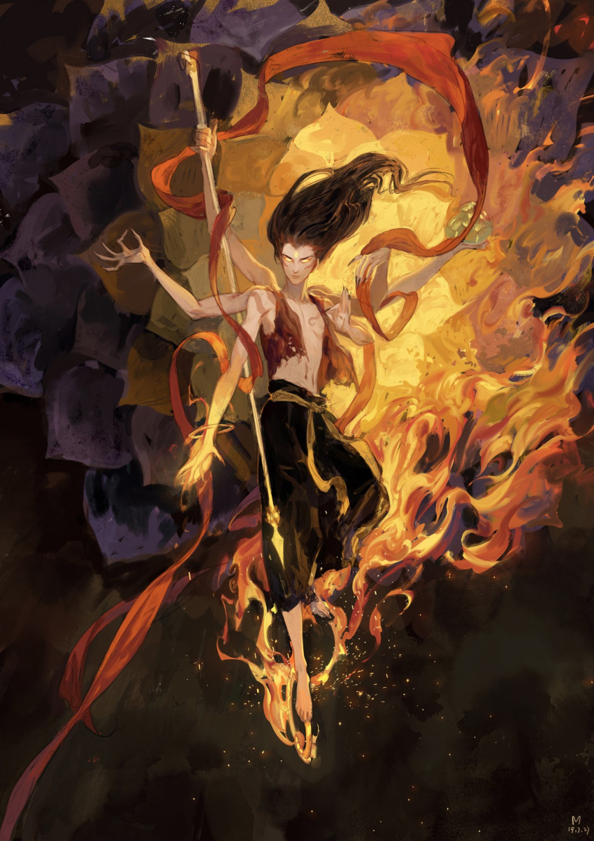 1boy, bare_shoulders, black_hair, black_nails, black_pants, bracelet, burning, chest