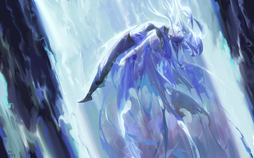 1boy, antlers, ao_bing, blue_eyes, blue_hair, blue_theme, boots, dragon_boy