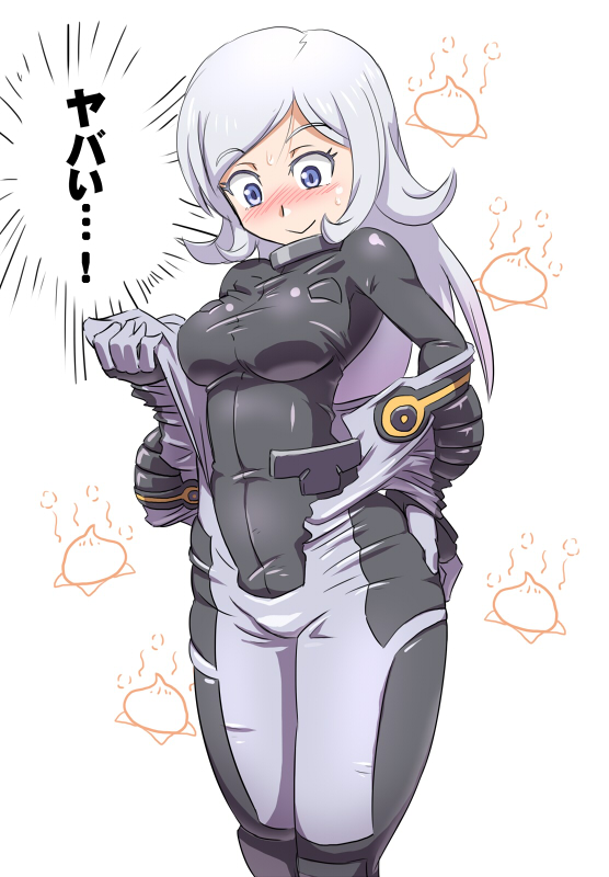 1girl, aila_jyrkiainen, baozi, blue_eyes, blush, bodysuit, breasts, food