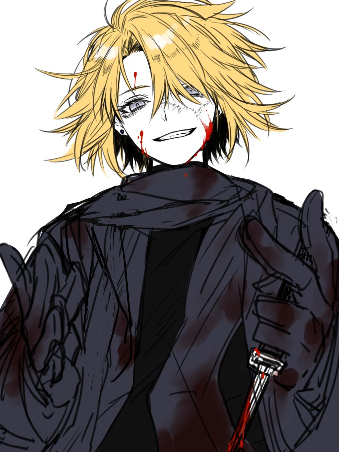 1girl, alternate_hair_color, bangs, blonde_hair, blood, blood_on_face, bloody_clothes, bloody_weapon
