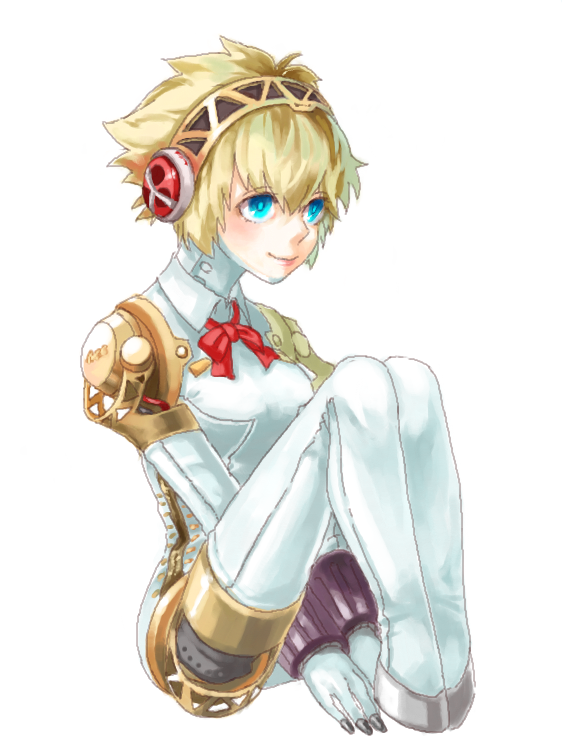 1girl, aegis_(persona), ajomo, android, blonde_hair, blue_eyes, bow, breasts