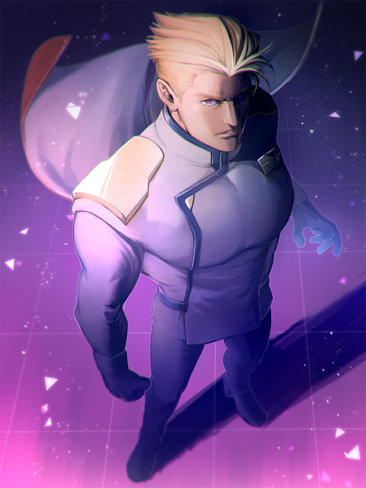 1boy, bara, blonde_hair, cape, chest, clenched_hand, d-red, full_body