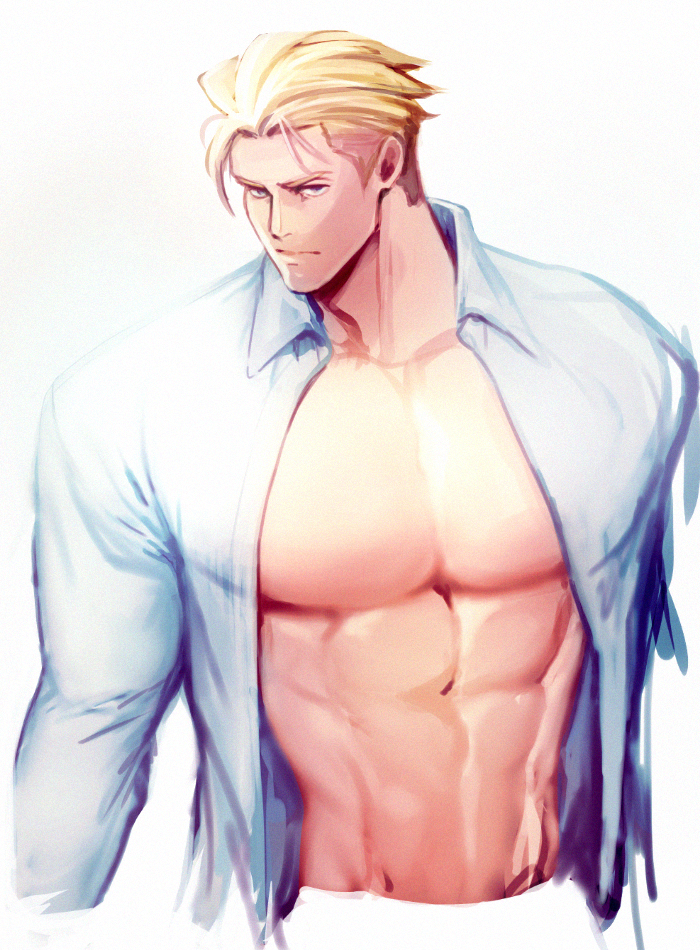 1boy, abs, bara, blonde_hair, chest, cropped_torso, d-red, kray_foresight