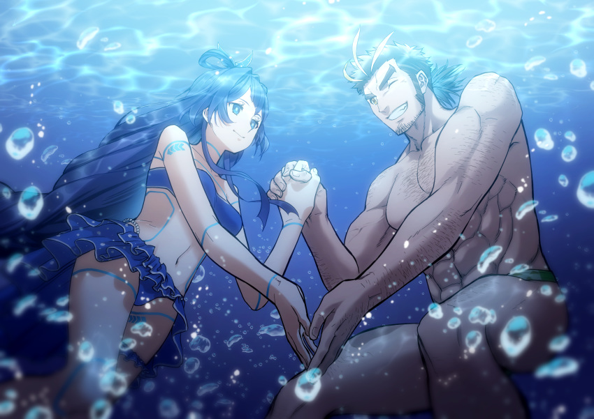 1boy, 1girl, bangs, bare_shoulders, blonde_hair, blue_eyes, breasts, brown_hair, chest, chest_hair, couple, cowboy_shot, facial_hair, frilled_swimsuit, frills, green_eyes, grin, hair_ornament, hairy, hetero, highres, holding_hands, long_hair, male_focus, male_swimwear, manly, multicolored_hair, muscle, one_eye_closed, otohime_(tokyo_houkago_summoners), pectorals, short_hair, sideburns, smile, streaked_hair, swim_briefs, swimsuit, swimwear, tokyo_houkago_summoners, underwear, water, yamasachihiko_(tokyo_houkago_summoners), yoshinaga_haru