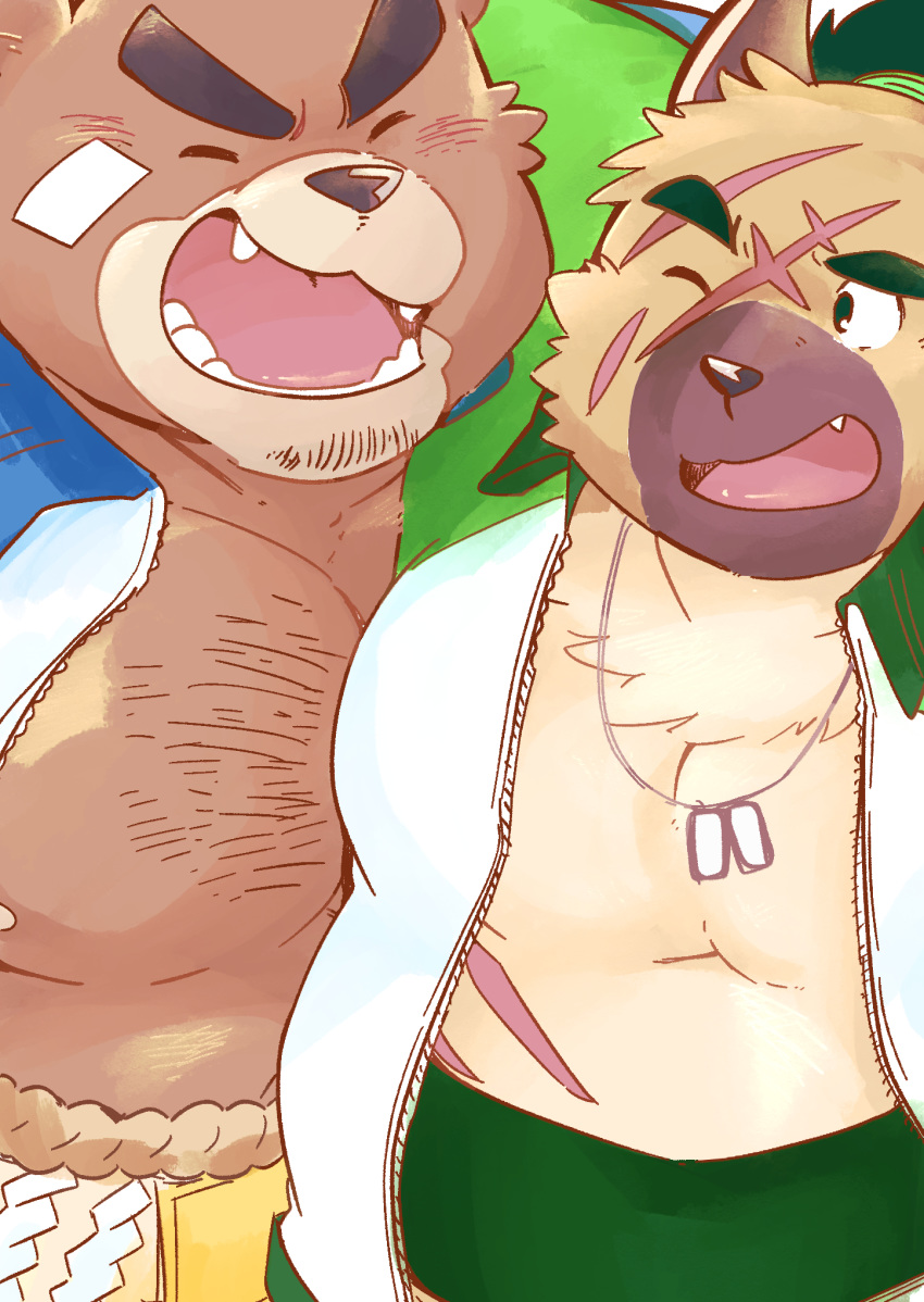 2boys, animal_ears, arm_around_shoulder, ashigara_(tokyo_houkago_summoners), bara, bear_boy, blush, brown_fur
