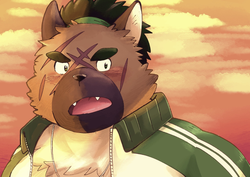 1boy, animal_ears, blush, brown_fur, close-up, face, fangs, fox_boy