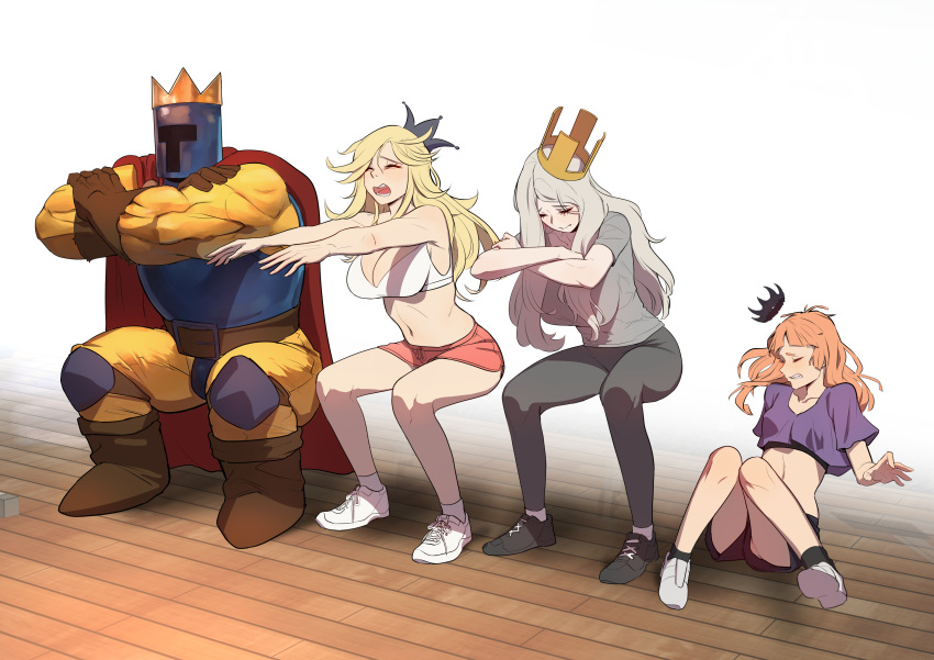1boy, 3girls, absurdres, armor, bangs, belt, blonde_hair, blush