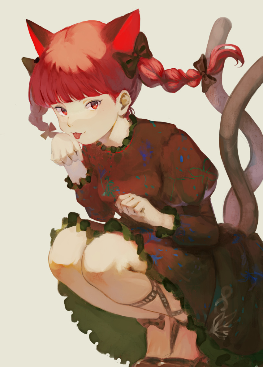 1girl, :3, animal_ears, ankle_lace-up, bangs, black_bow, black_dress, black_footwear, blunt_bangs, bow, braid, cat_ears, cat_girl, cat_tail, closed_mouth, cross-laced_footwear, dress, extra_ears, floating_hair, frilled_dress, frilled_sleeves, frills, from_side, grey_background, hair_bow, hair_ornament, hand_licking, hands_up, highres, juliet_sleeves, kaenbyou_rin, kagari_(kgr_000), legs_together, licking, licking_self, long_hair, long_sleeves, looking_at_viewer, looking_to_the_side, multiple_tails, nekomata, paw_pose, print_dress, puffy_sleeves, red_eyes, redhead, shoe_bow, shoes, simple_background, smile, solo, squatting, tail, tongue, tongue_out, touhou, twin_braids, twintails, two_tails