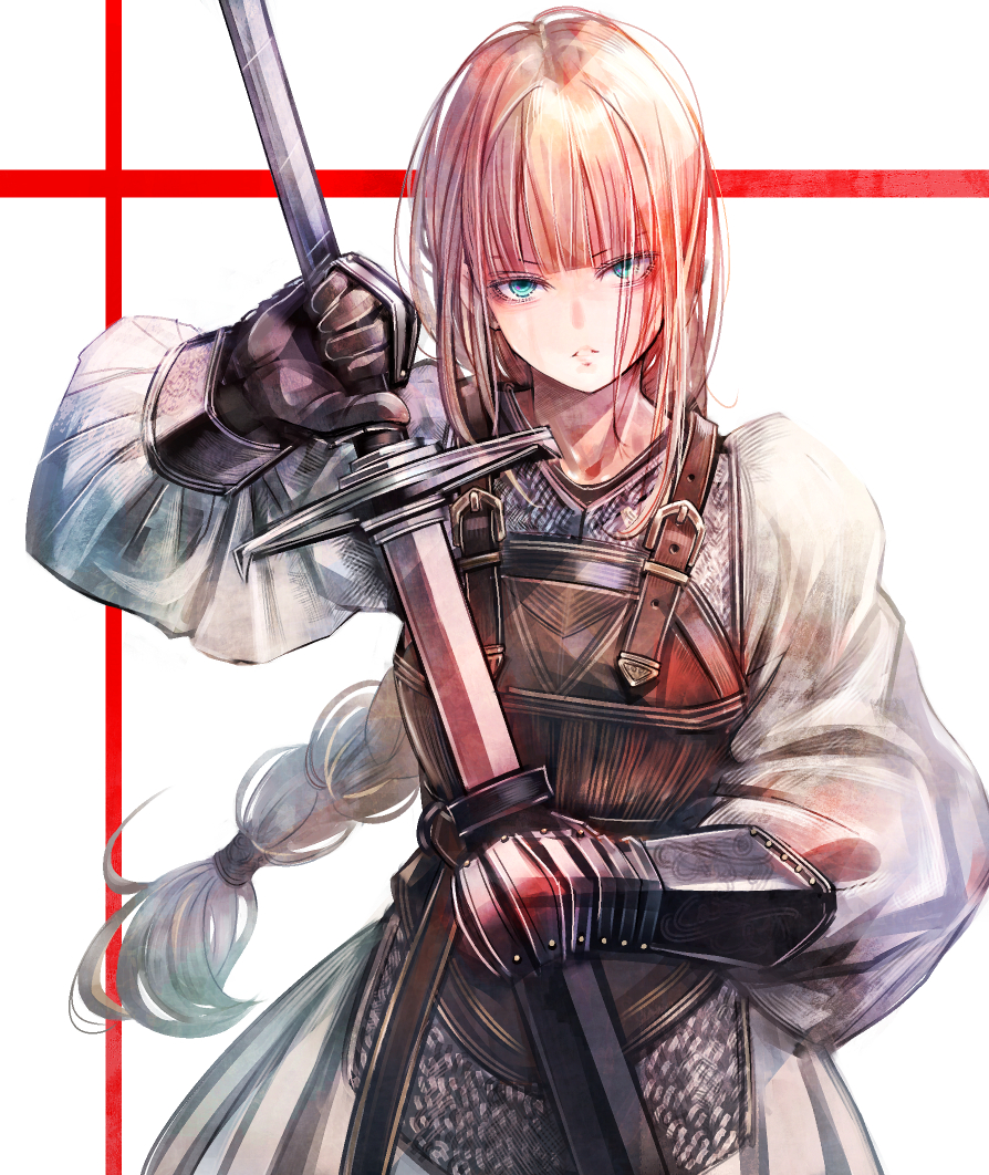 1girl, aqua_eyes, armor, bangs, breastplate, brown_gloves, eyebrows_visible_through_hair, eyes_visible_through_hair