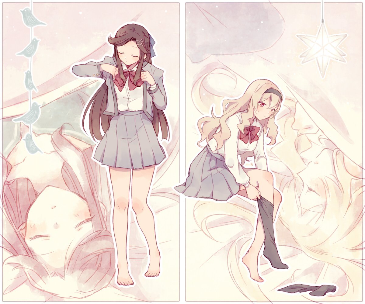 2girls, adjusting_clothes, adjusting_legwear, bangs, barefoot, black_hairband, black_legwear, blanket