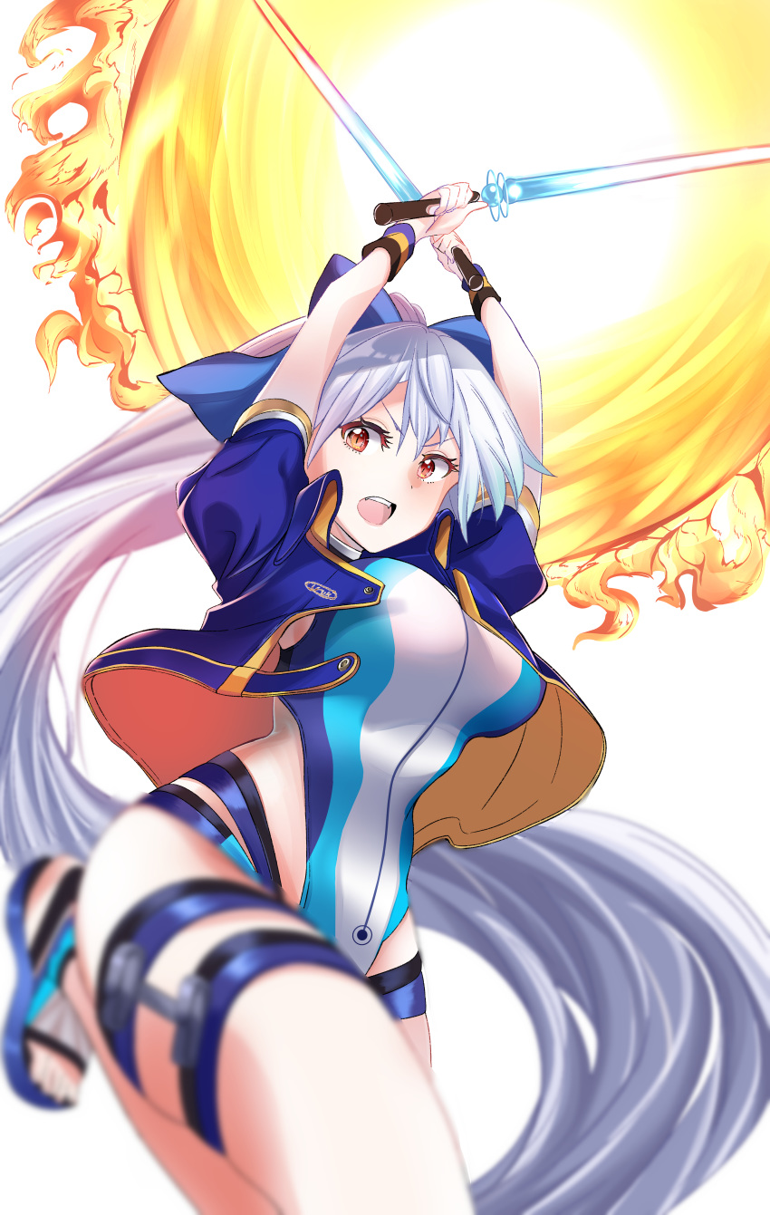 1girl, :o, absurdly_long_hair, absurdres, arima_(step_speed), blue_footwear, blue_jacket, blue_swimsuit, commentary_request, competition_swimsuit, cropped_jacket, dual_wielding, energy_sword, fate/grand_order, fate_(series), fireball, from_below, hair_ornament, highres, holding, holding_sword, holding_weapon, jacket, long_hair, looking_at_viewer, multicolored, multicolored_clothes, multicolored_swimsuit, one-piece_swimsuit, open_clothes, open_jacket, red-eyes, sandals, short_sleeves, silver_hair, solo, swimsuit, sword, thigh_strap, tomoe_gozen_(fate/grand_order), tomoe_gozen_(swimsuit_saber)_(fate), very_long_hair, weapon, white_background, white_swimsuit, wristband