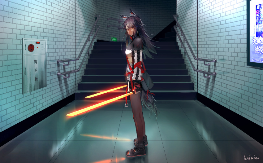 1girl, absurdres, animal_ear_fluff, animal_ears, arknights, bandaged_hands, bandages, bangs, black_capelet, black_footwear, black_hair, black_legwear, boots, capelet, dual_wielding, energy_sword, from_side, hair_between_eyes, highres, hnimina, holding, jacket, long_hair, long_sleeves, looking_at_viewer, pantyhose, pouch, railing, solo, stairs, standing, sword, tail, texas_(arknights), weapon, white_jacket, wolf_ears, wolf_girl, wolf_tail, yellow_eyes