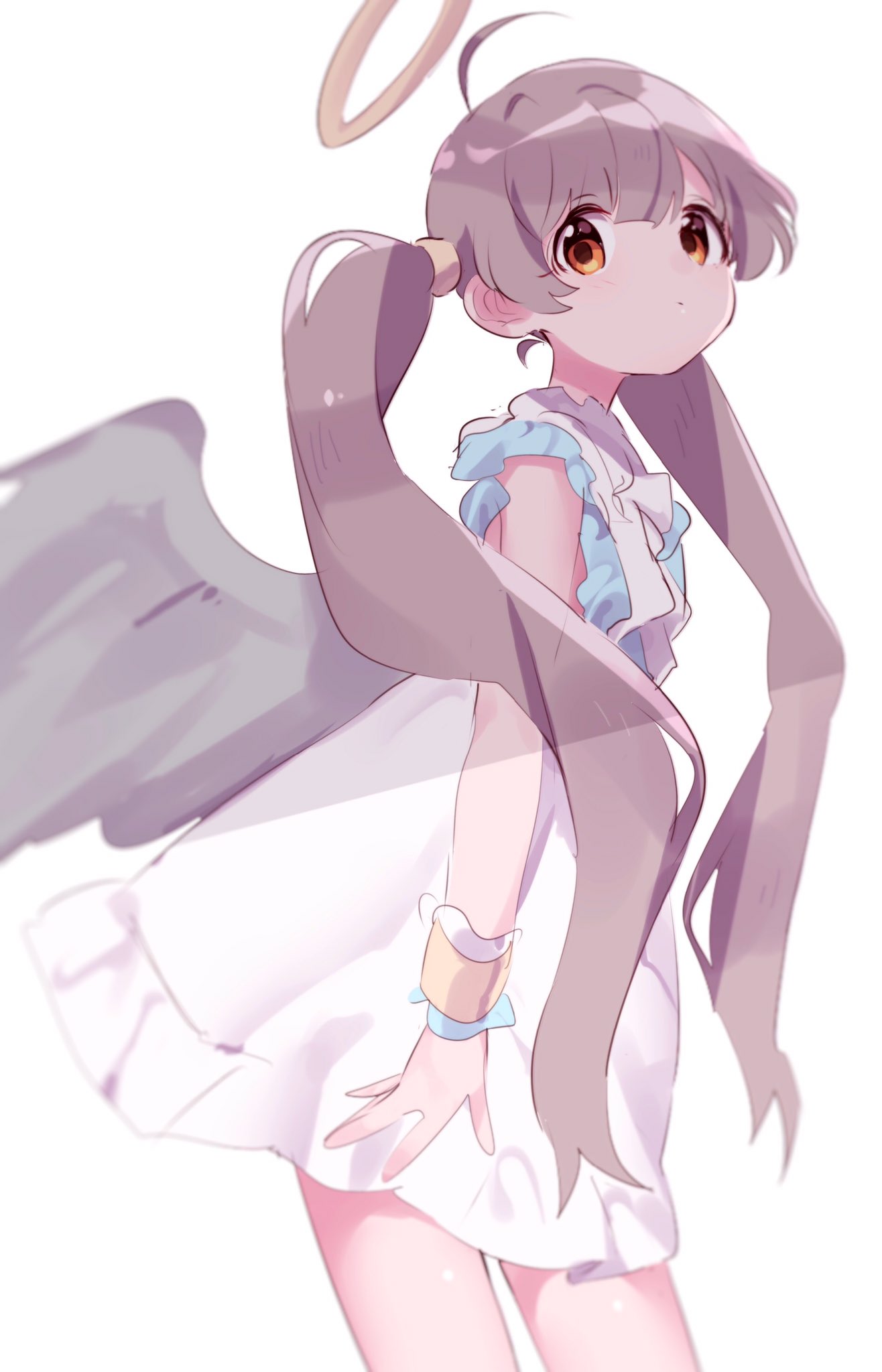 1girl, ahoge, angel, angel_wings, bangs, brown_hair, closed_mouth, commentary_request