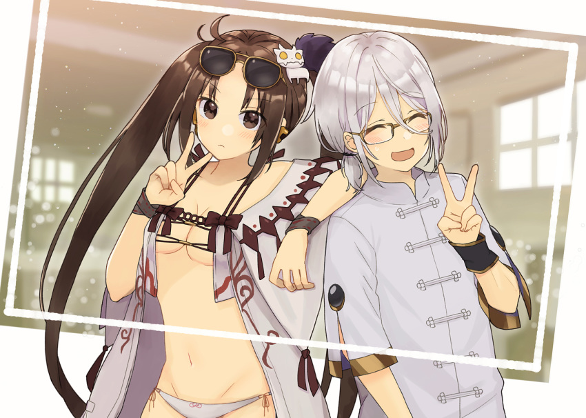 1boy, 1girl, :<, :d, aisawa_natsu, arm_on_shoulder, bikini, blush