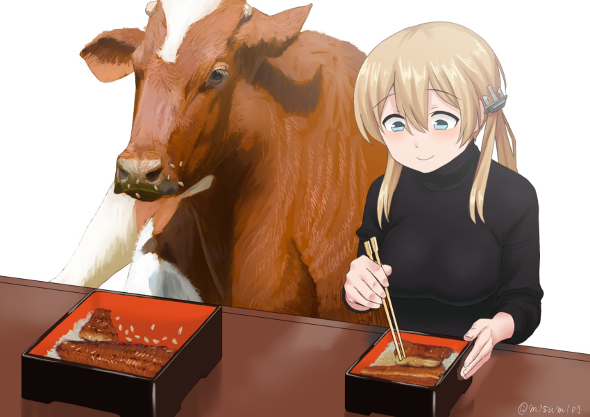 1girl, alternate_costume, anchor_hair_ornament, aqua_eyes, bangs, black_shirt, blonde_hair, breasts