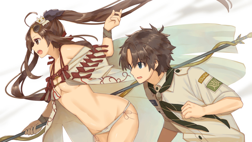1boy, 1girl, :o, ahoge, aisawa_natsu, bare_shoulders, bikini, black_hair