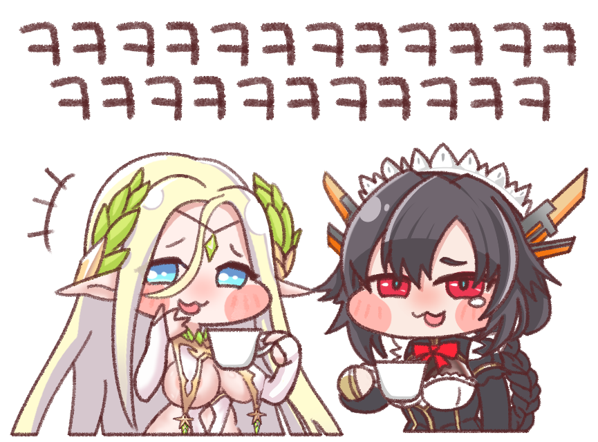 2girls, :3, bangs, black_hair, black_wyrm_s9, blonde_hair, blue_eyes, blush, braid, breasts, bridal_gauntlets, cerestia_of_life, cervical, chibi, circlet, cup, hair_between_eyes, huge_breasts, last_origin, laughing, looking_at_viewer, maid_headdress, multiple_girls, red_eyes, ribbon, simple_background, single_braid, teacup, white_background