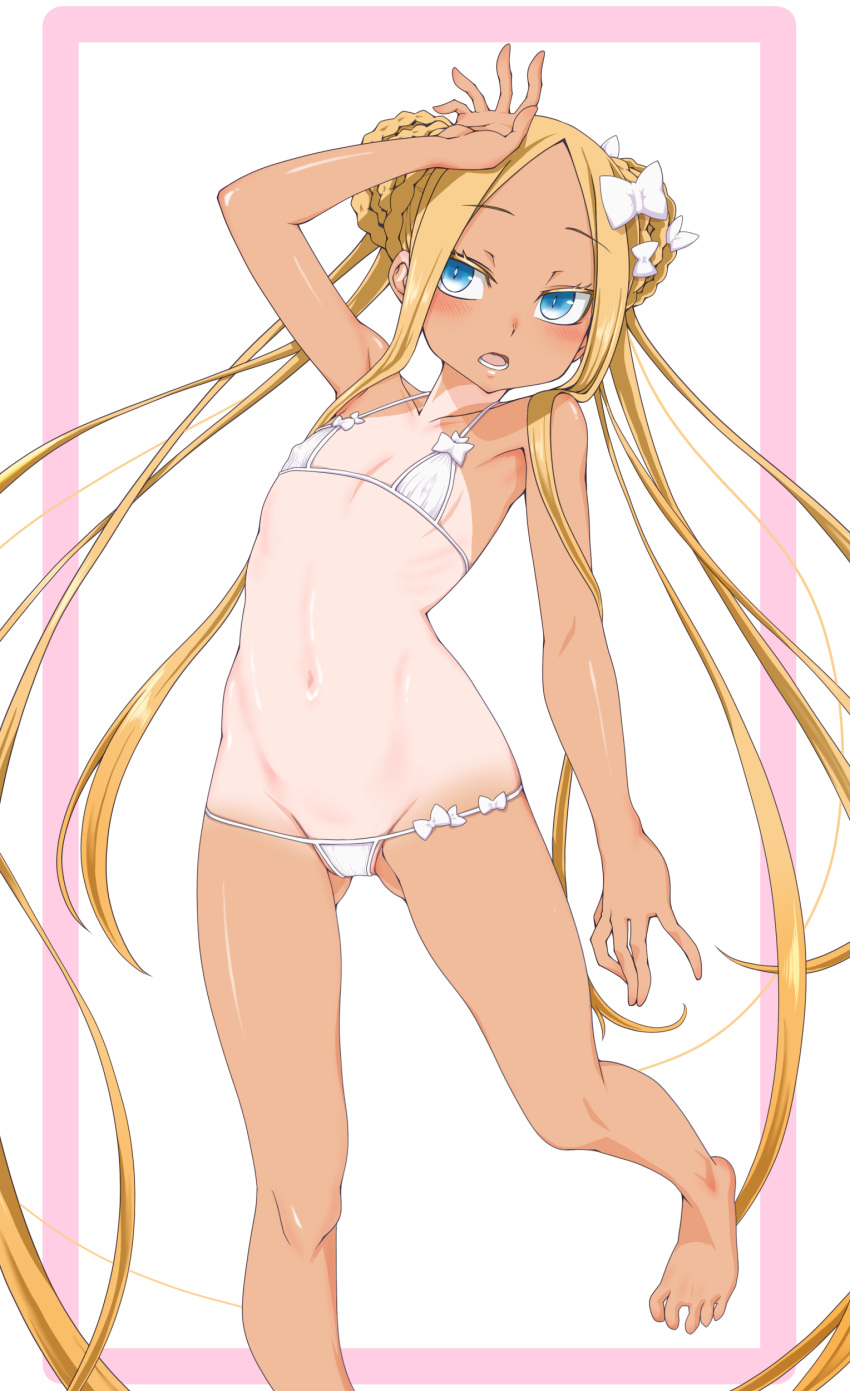 1girl, abigail_williams_(fate/grand_order), abigail_williams_(swimsuit_foreigner)_(fate), absurdres, ass_visible_through_thighs, bangs, barefoot, bikini, blonde_hair, blue_eyes, blush, bound, bow, covered_nipples, dark_skin, double_bun, fate/grand_order, fate_(series), flat_chest, groin, hair_bow, highres, long_hair, micro_bikini, navel, one-piece_tan, open_mouth, parted_bangs, senbei_(avocadochaya), swimsuit, tan, tanline, very_long_hair, white_bikini