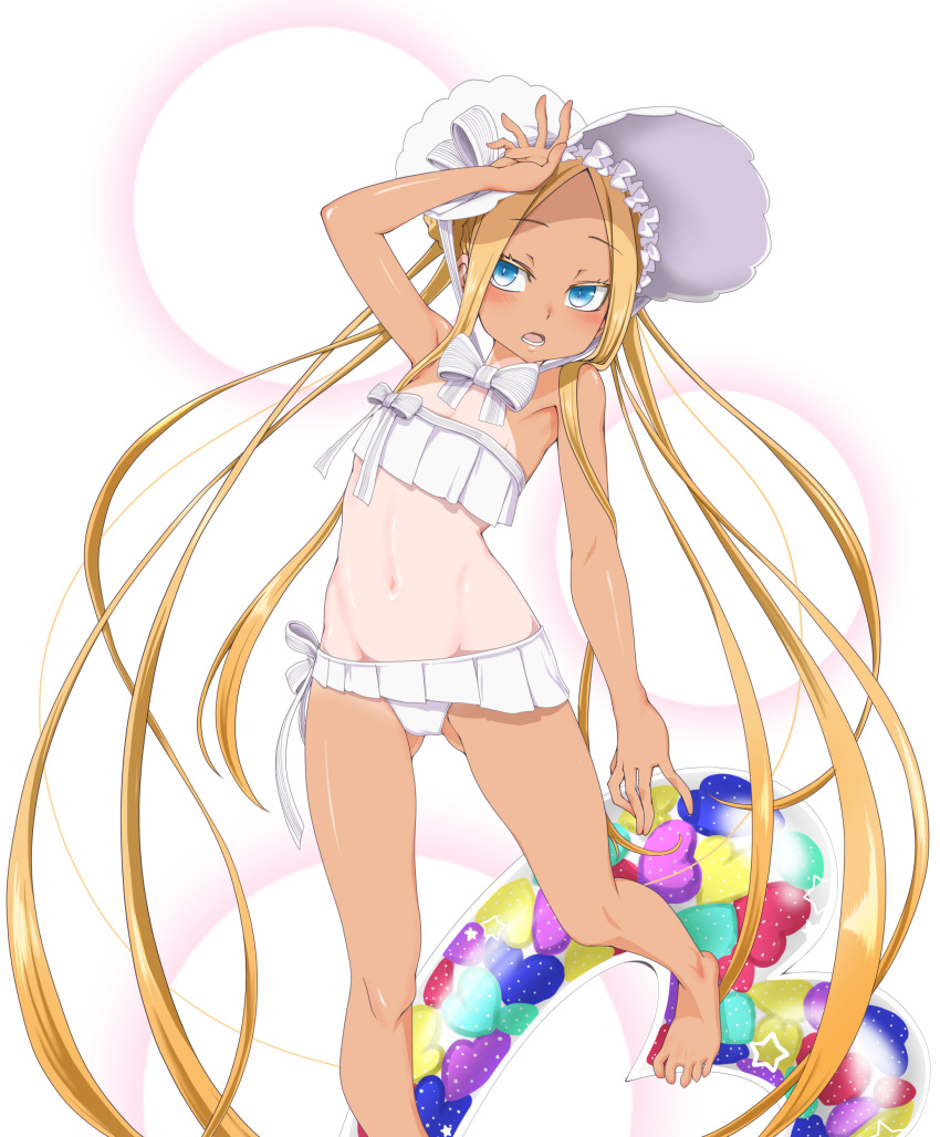 1girl, abigail_williams_(fate/grand_order), abigail_williams_(swimsuit_foreigner)_(fate), absurdres, ass_visible_through_thighs, barefoot, bikini, blonde_hair