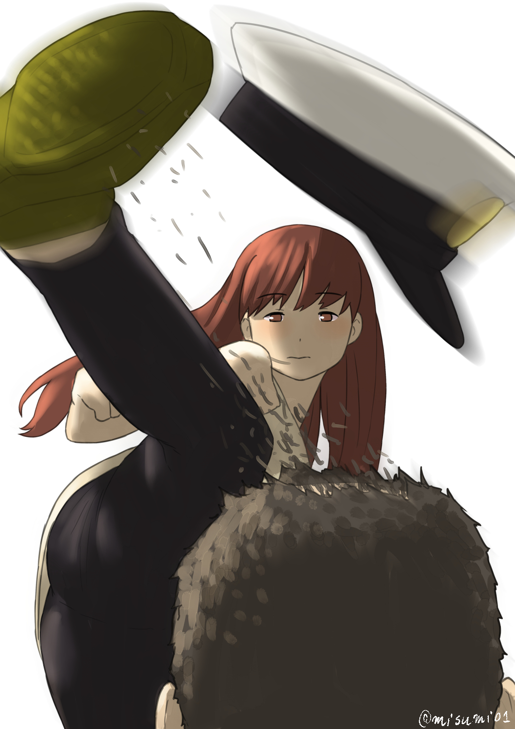1boy, 1girl, admiral_(kantai_collection), alternate_costume, bangs, black_pants, blurry, bottle_cap_challenge