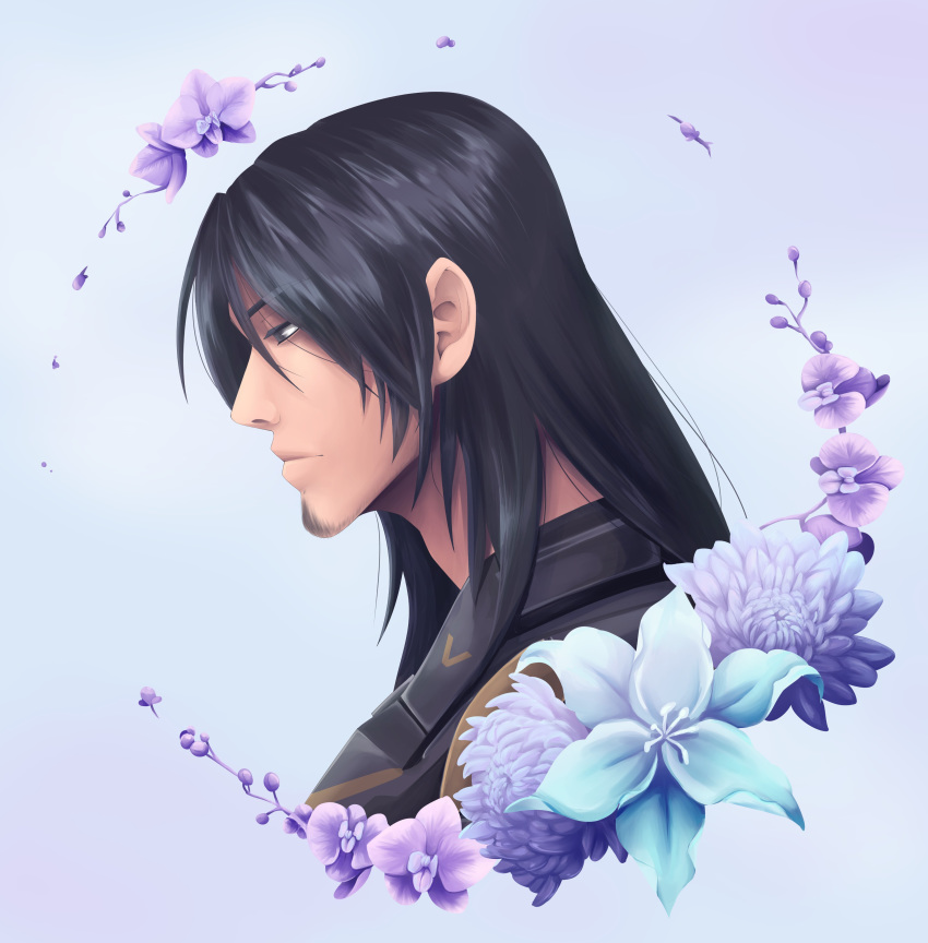 1boy, absurdres, beard, black_hair, facial_hair, flower, grey_background, highres