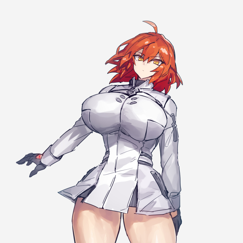 1girl, ahoge, alternate_breast_size, black_gloves, breasts, command_spell, expressionless, fate/grand_order, fate_(series), fujimaru_ritsuka_(female), gloves, glowing, glowing_hand, highres, huge_breasts, looking_at_viewer, lostbelt_op2_uniform, medium_hair, melon22, orange_hair, white_background, yellow_eyes