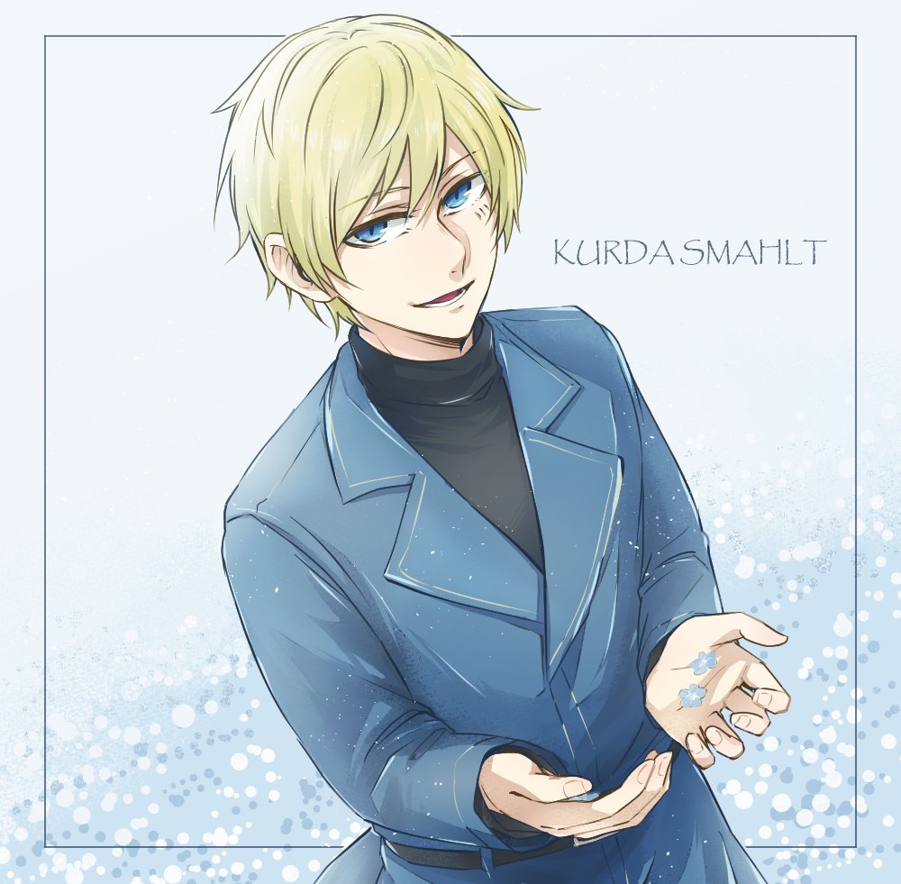 1boy, blonde_hair, blue_eyes, blue_flower, blue_suit, character_name, facial_scar, flower