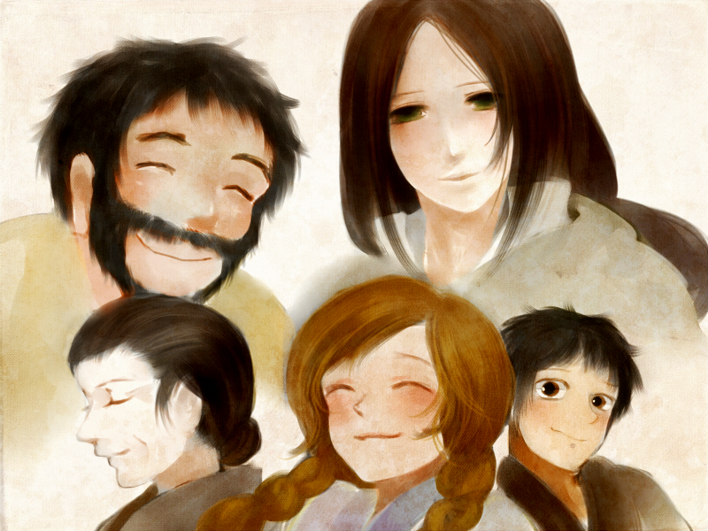 2boys, 3girls, beard, black_eyes, black_hair, braid, closed_eyes, esal