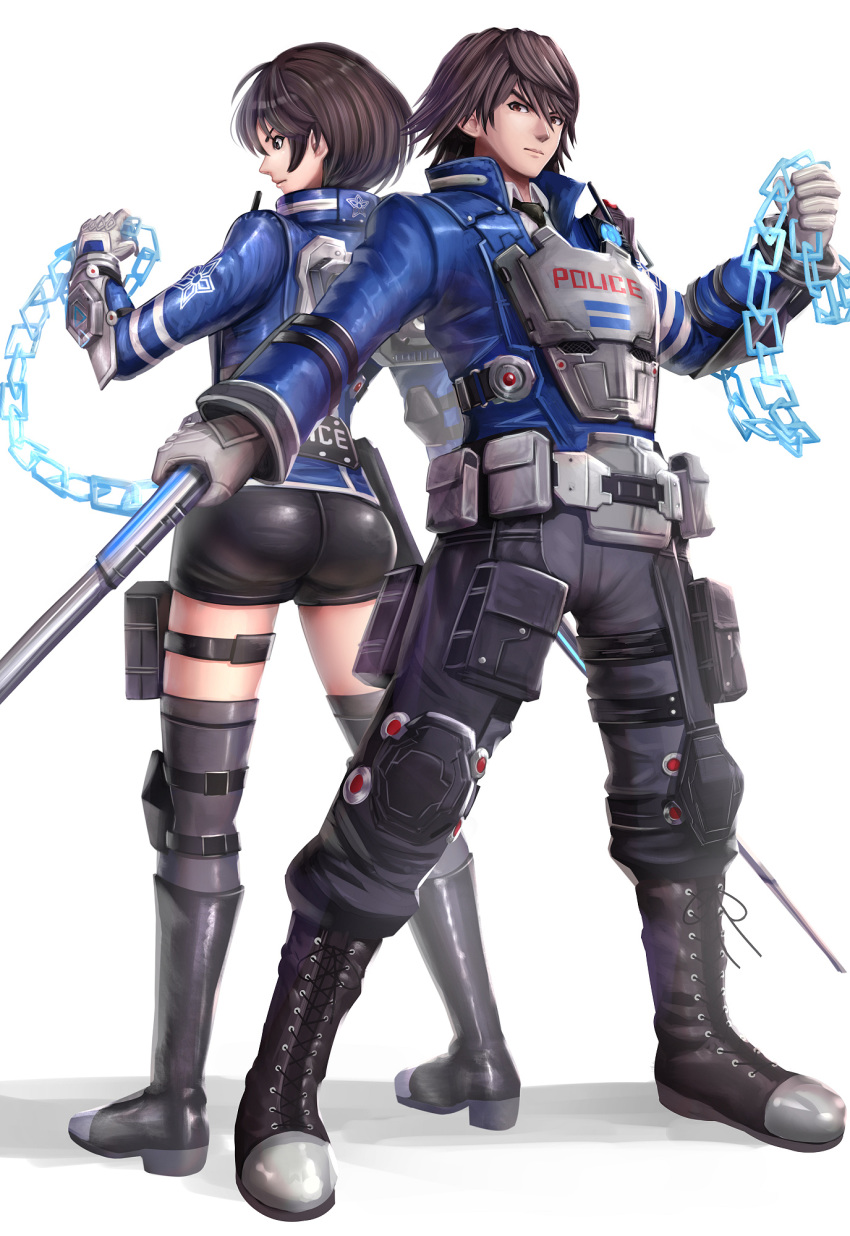 1boy, 1girl, akira_howard, ass, astral_chain, back-to-back, boots, brother_and_sister