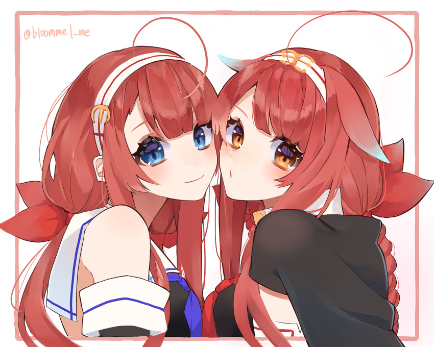 1girl, ahoge, blue_eyes, braid, brown_eyes, cheek-to-cheek, commentary_request, dual_persona