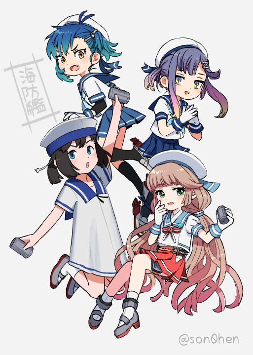 4girls, aqua_neckwear, bangs, black_hair, black_legwear, blue_hair, blue_skirt, daitou_(kantai_collection)